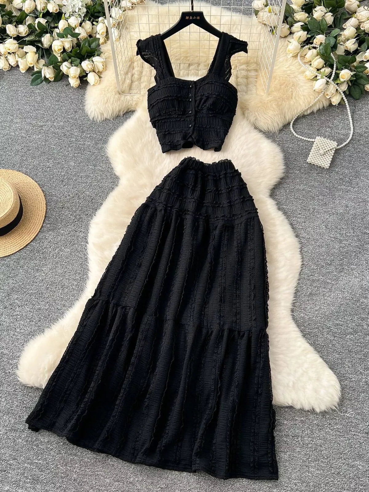 Textured Crop Top and Tiered Skirt Set, view 9