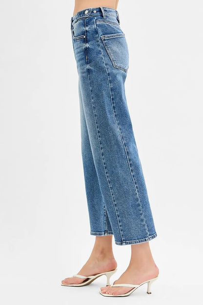 RISEN High Rise Crop Length Barrel Adjustable Waist Band Jeans - Fashorio