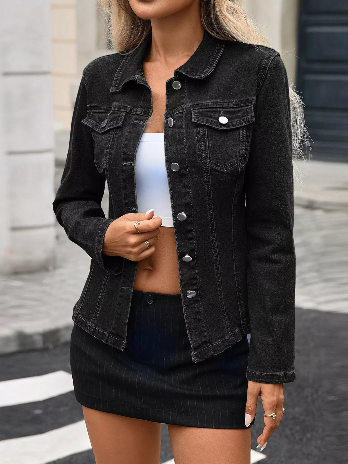 Button Up Denim Jacket in Black view 7