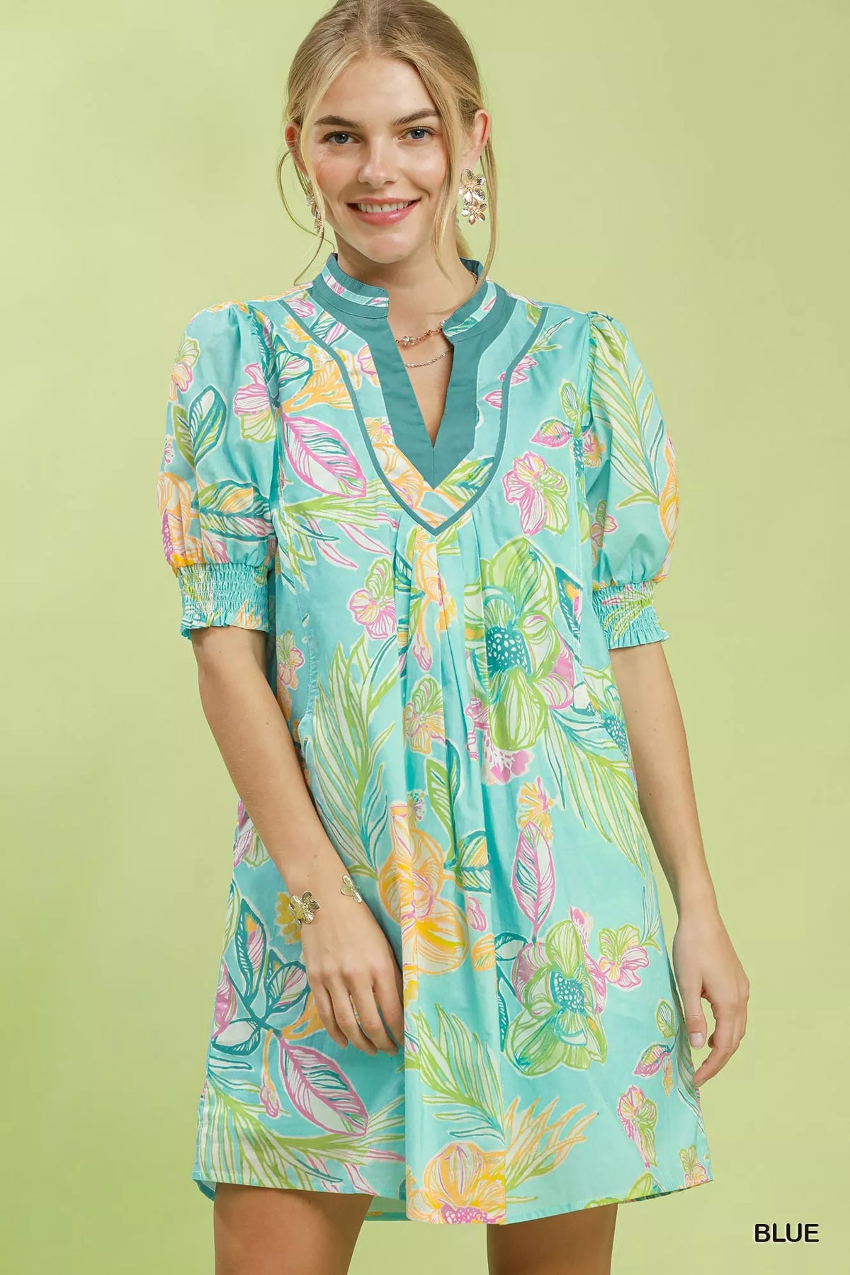 Umgee blue botanical floral print dress front view