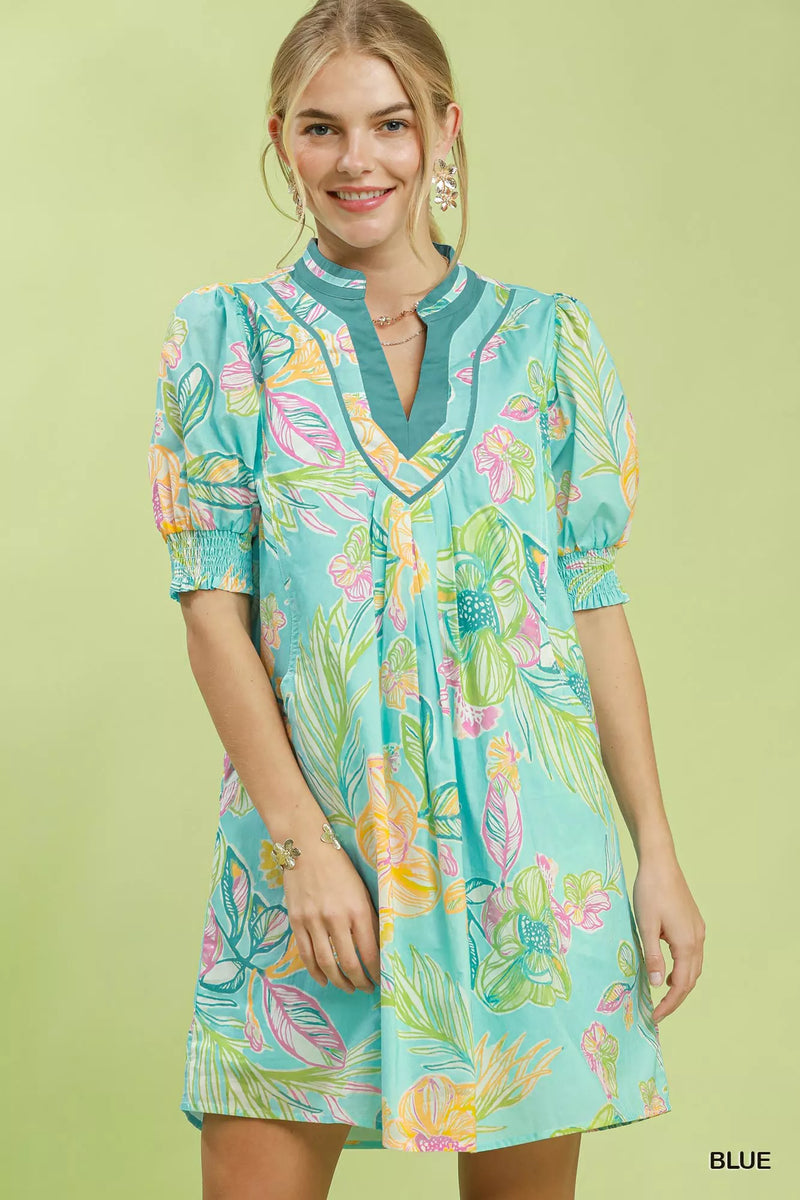 Umgee blue botanical floral print dress front view