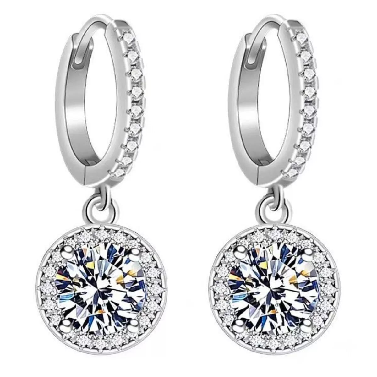 Moissanite hoop drop earrings shown worn on the ear