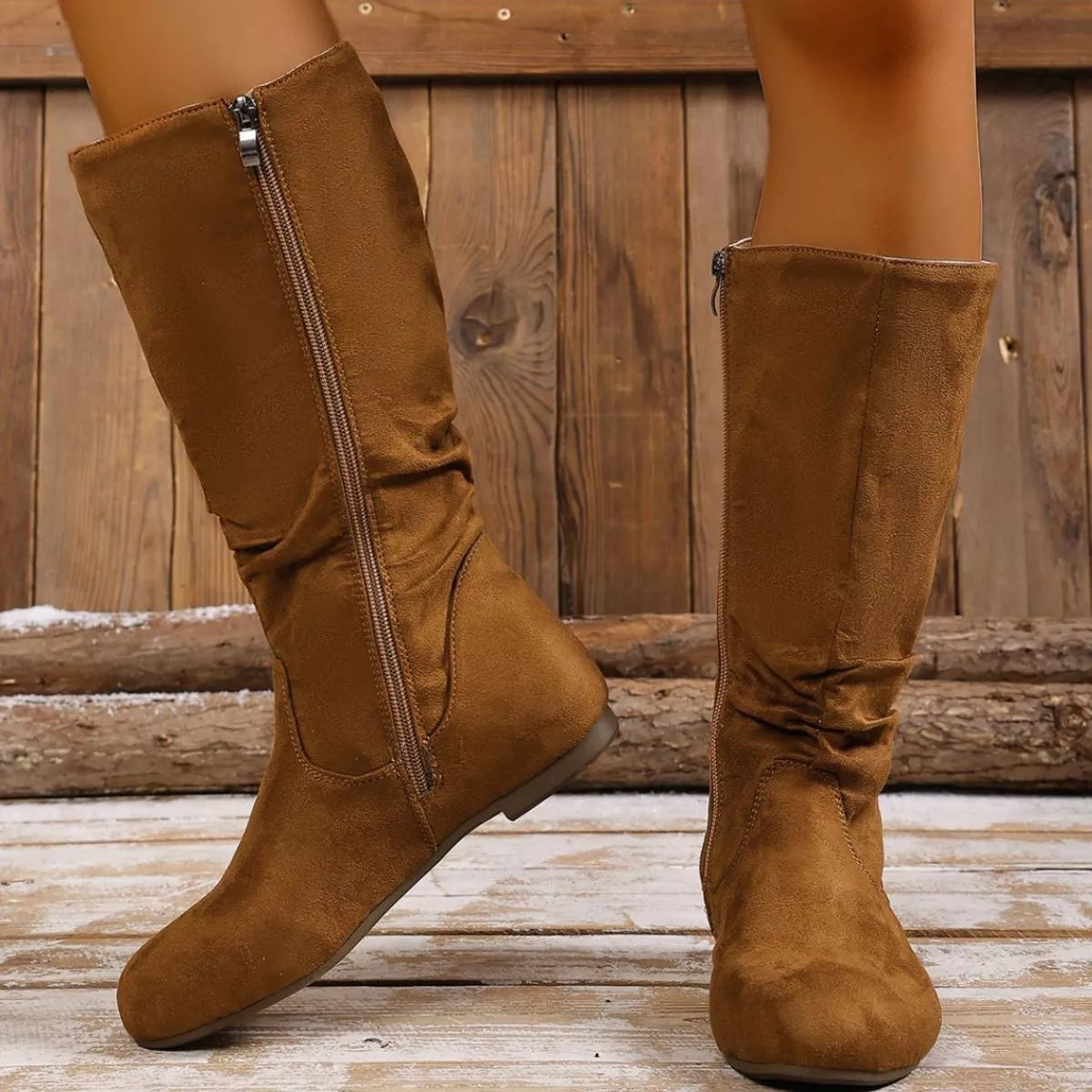 Round toe side zip boots buckle detail