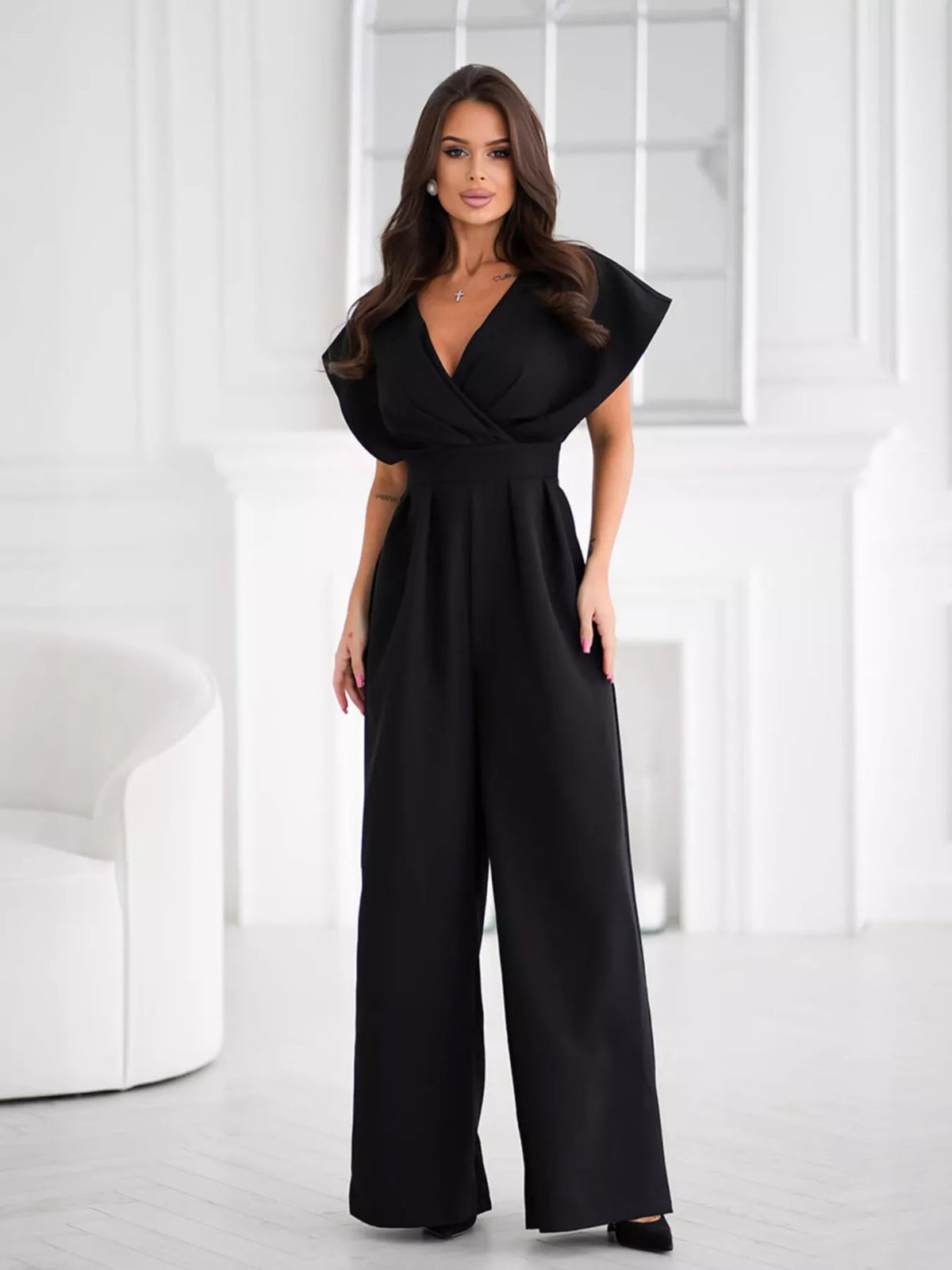 Surplice wide leg jumpsuit detail view