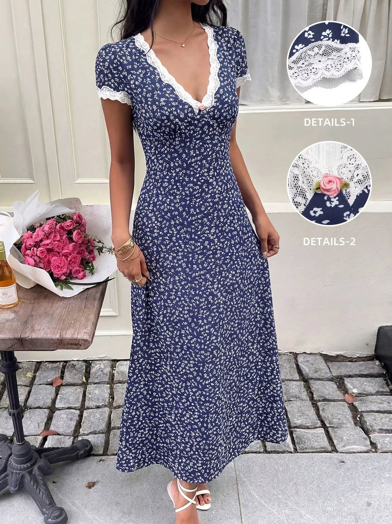 Navy floral lace trim maxi dress front view