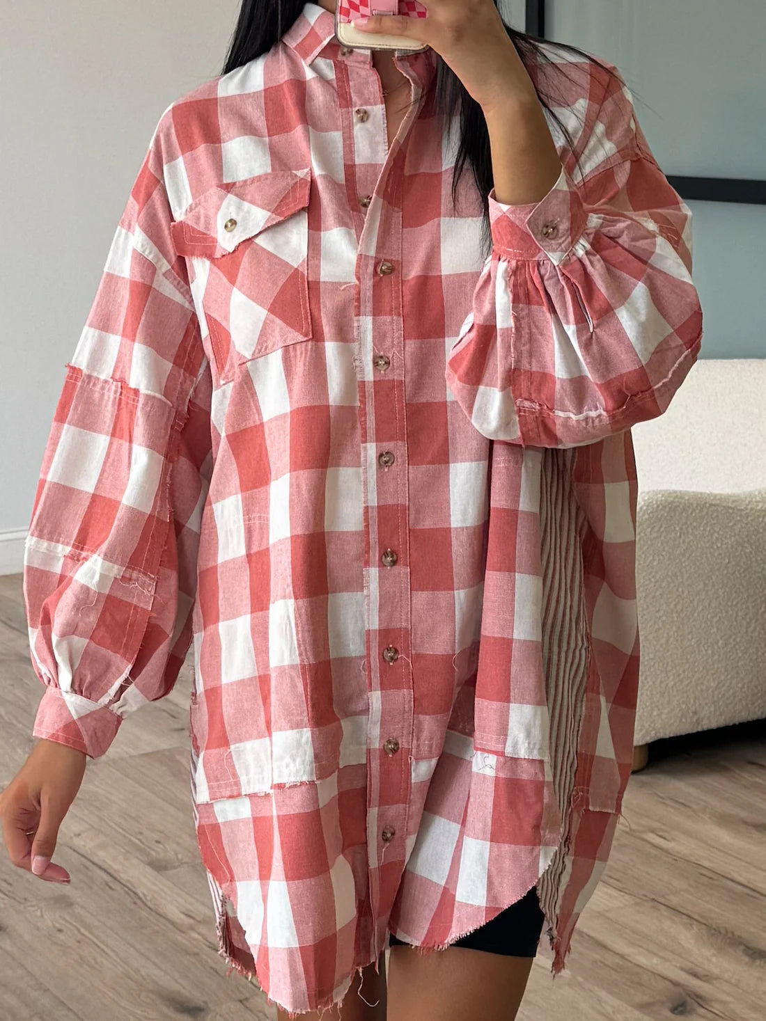 Long sleeve plaid shirt dress back view