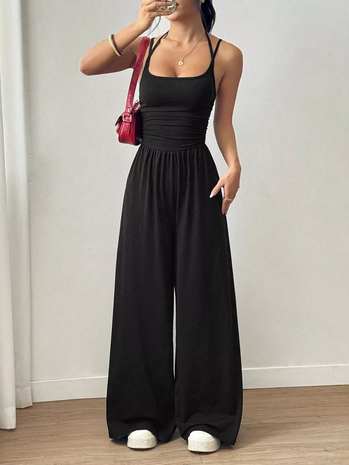 Black spaghetti strap wide leg jumpsuit front view