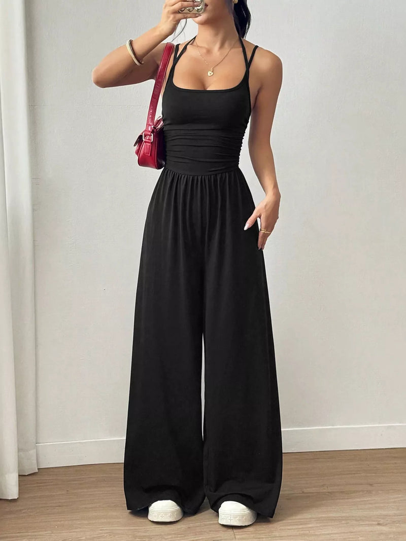 Black spaghetti strap wide leg jumpsuit front view