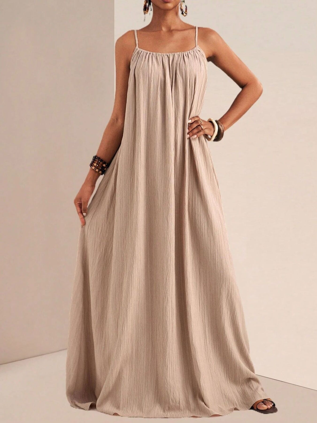 Spaghetti strap flowy maxi dress front view