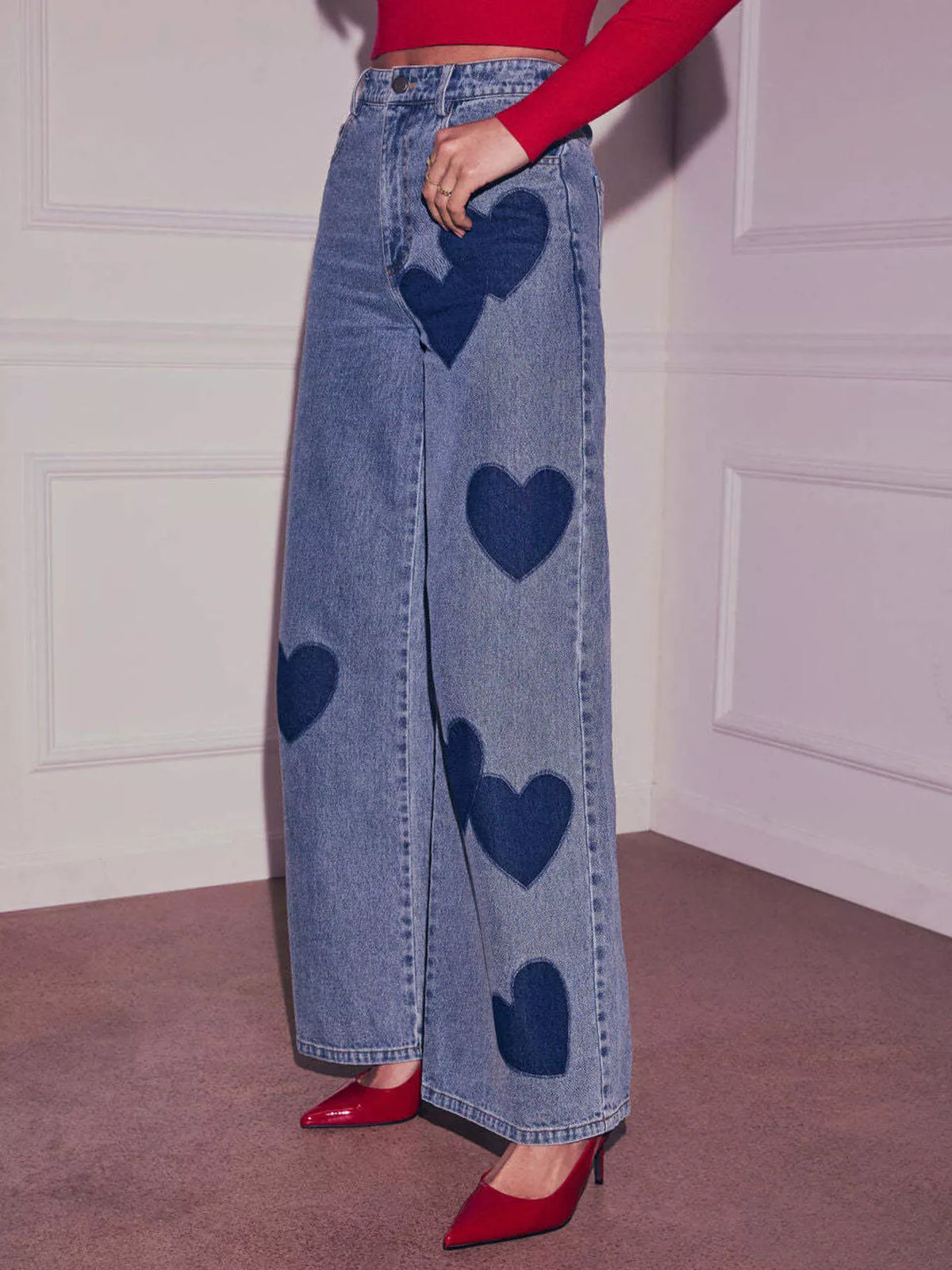 Heart accent detail on blue jeans