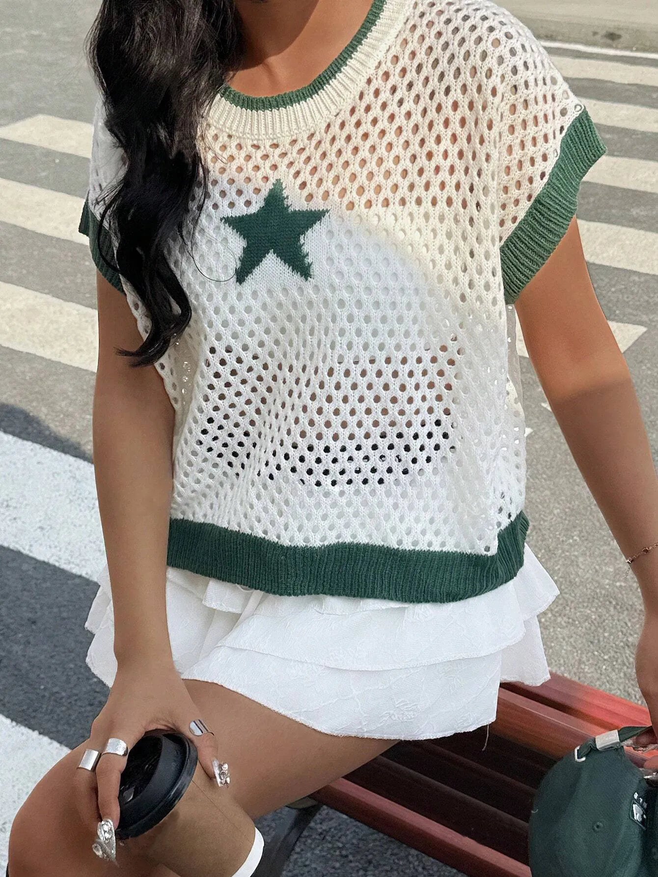 Star Pattern Mesh Knit Short Sleeve Knit Top - Fashorio