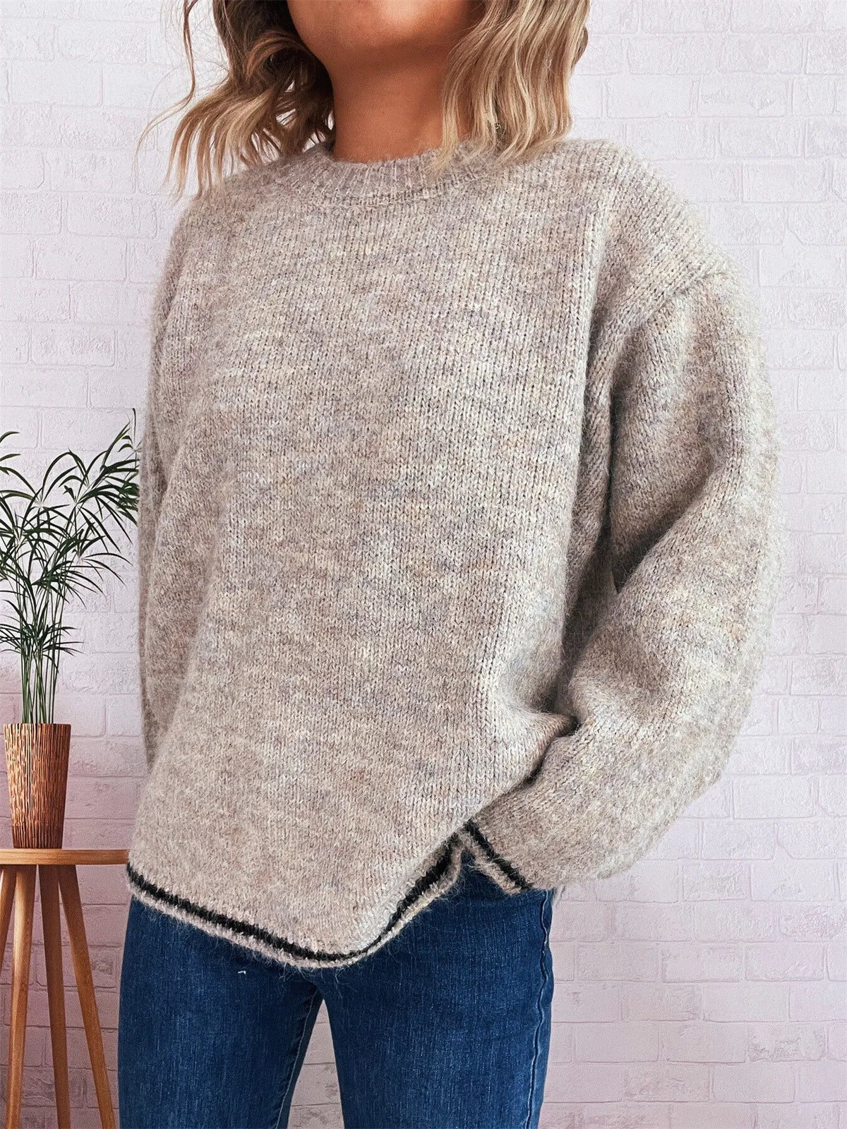 Contrast trim round neck oversized sweater front view