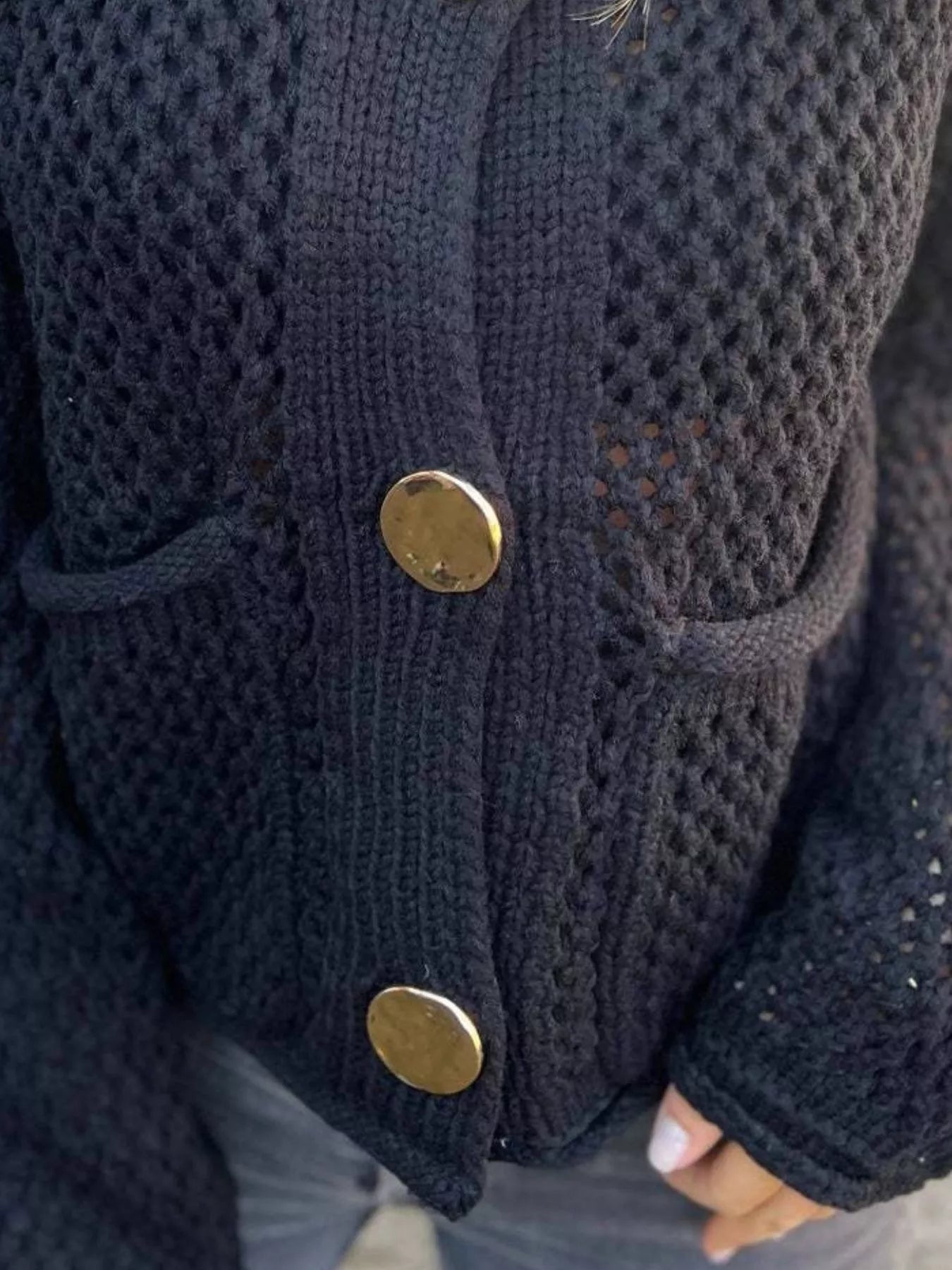 Crochet Button Up Long Sleeve Cardigan - Fashorio