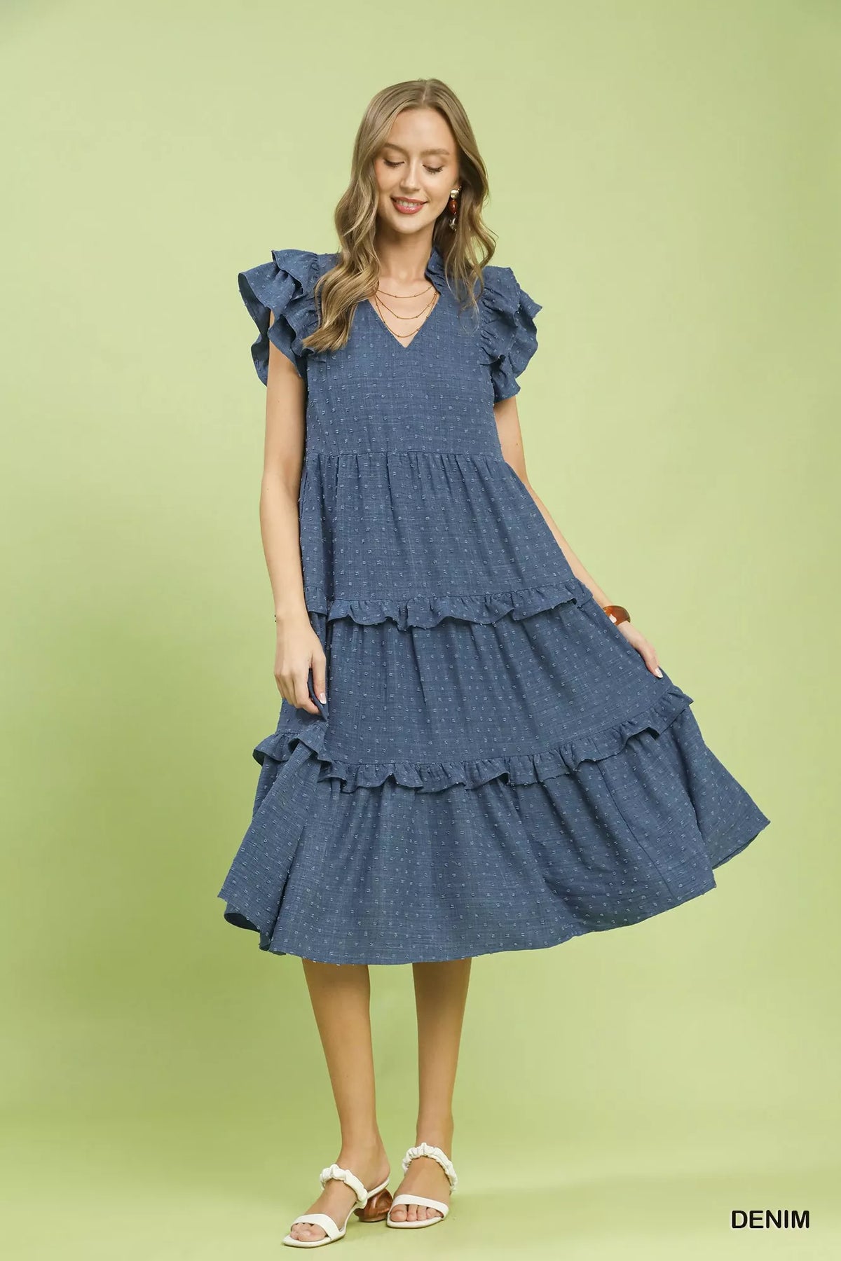 Tiered ruffle sleeve dress styled full length