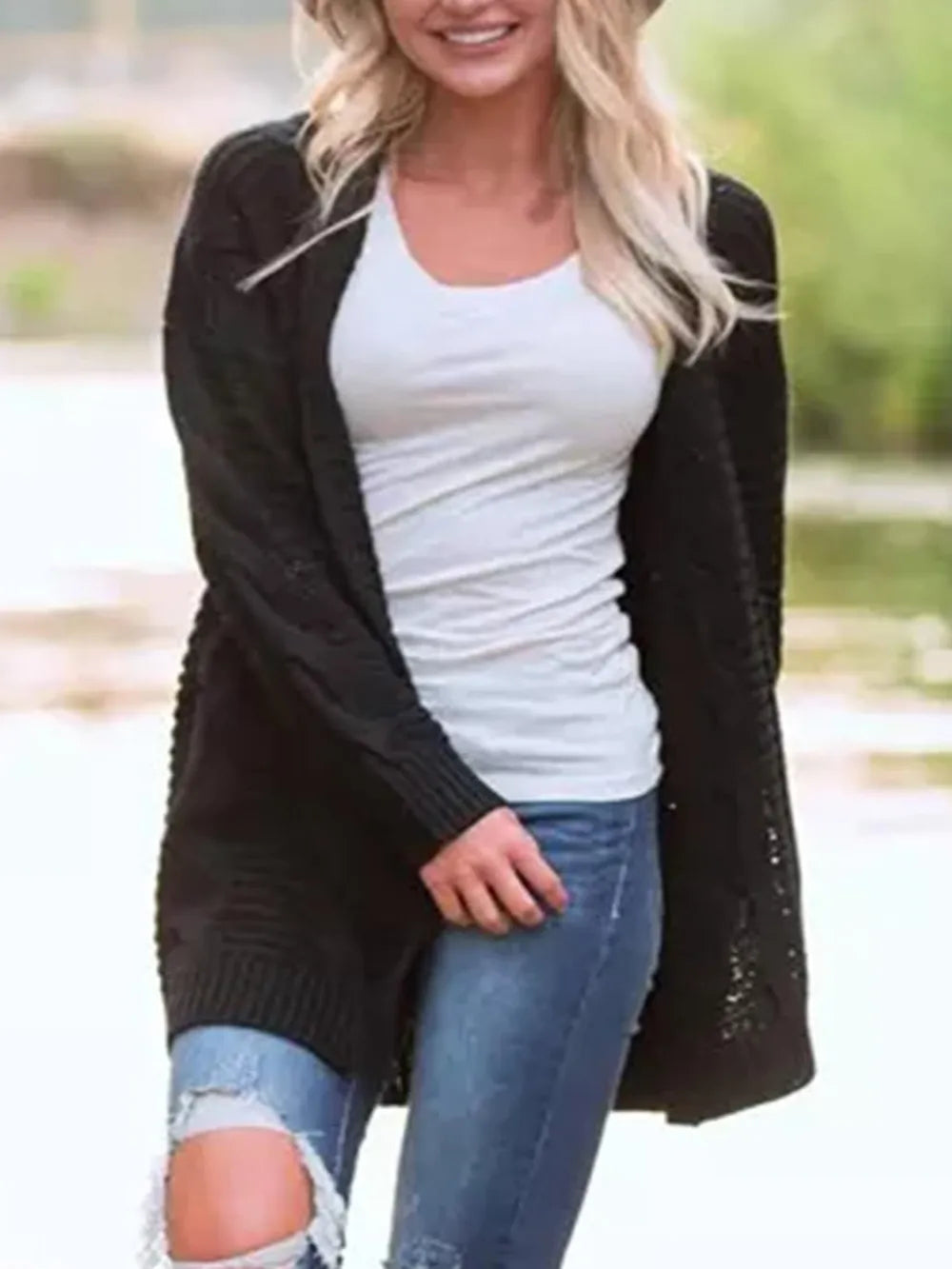 Cable-Knit Open Front Long Sleeve Cardigan - Fashorio