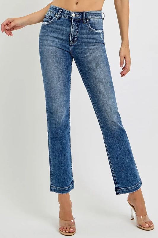 RISEN Full Size Tummy Control Elastic Band Mid Rise Straight Jeans Plus Size DARK - Fashorio