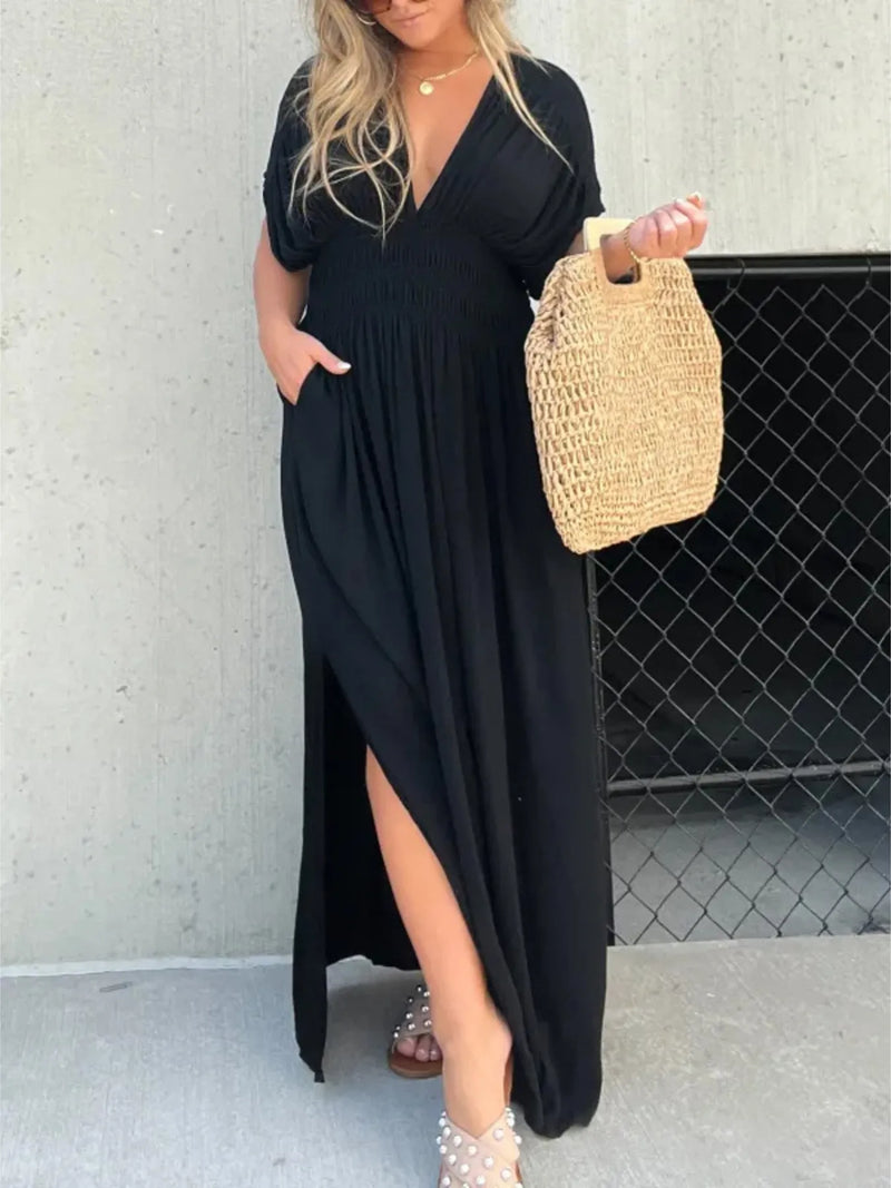 Deep V neck maxi dress with side slit front view