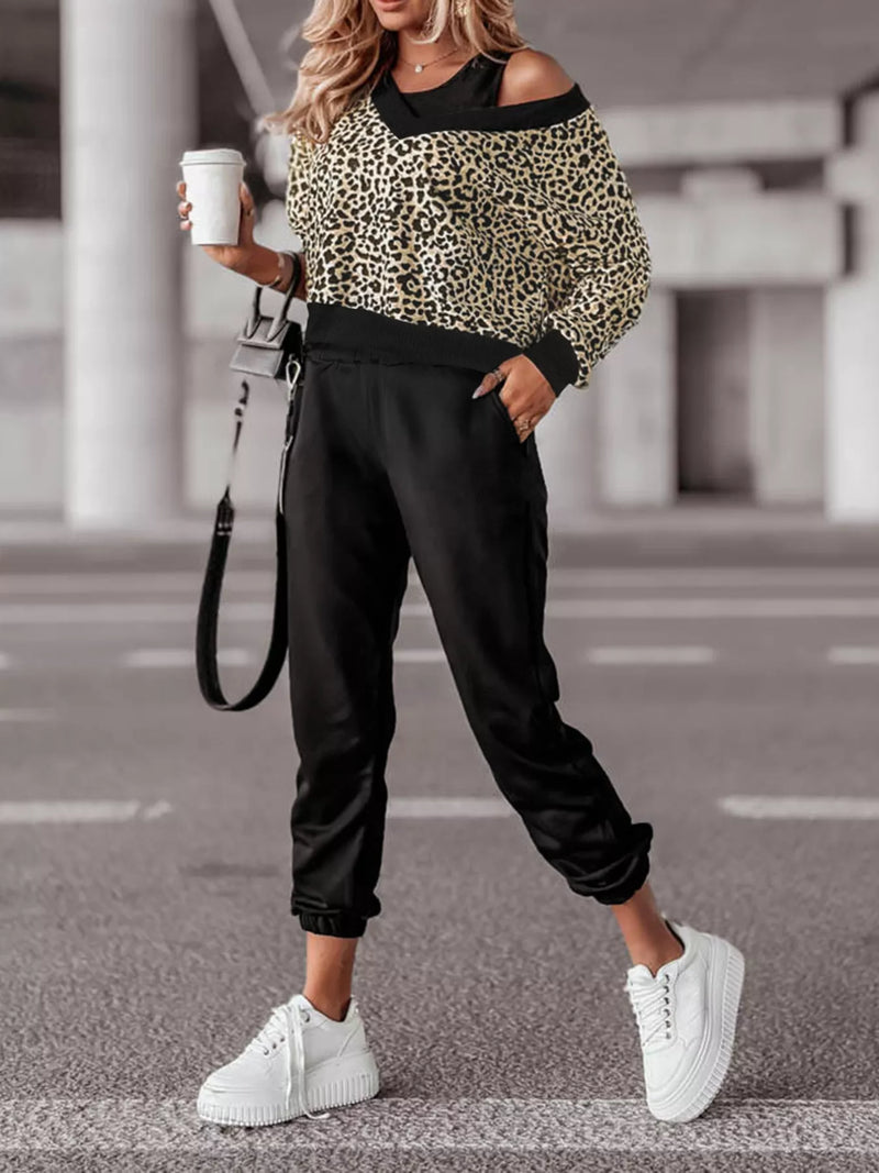 Leopard print sweatshirt and jogger matching set front view