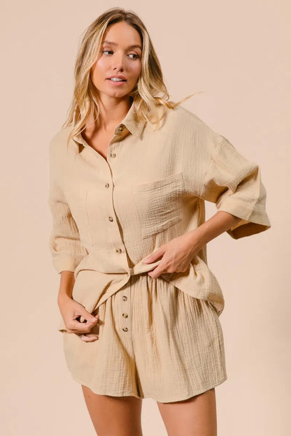 BiBi Crinkle Gauze Shirt and Short Set - Fashorio