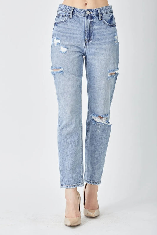 RISEN Distressed Slim Cropped Jeans – Trendy Full Size Denim Medium - Fashorio