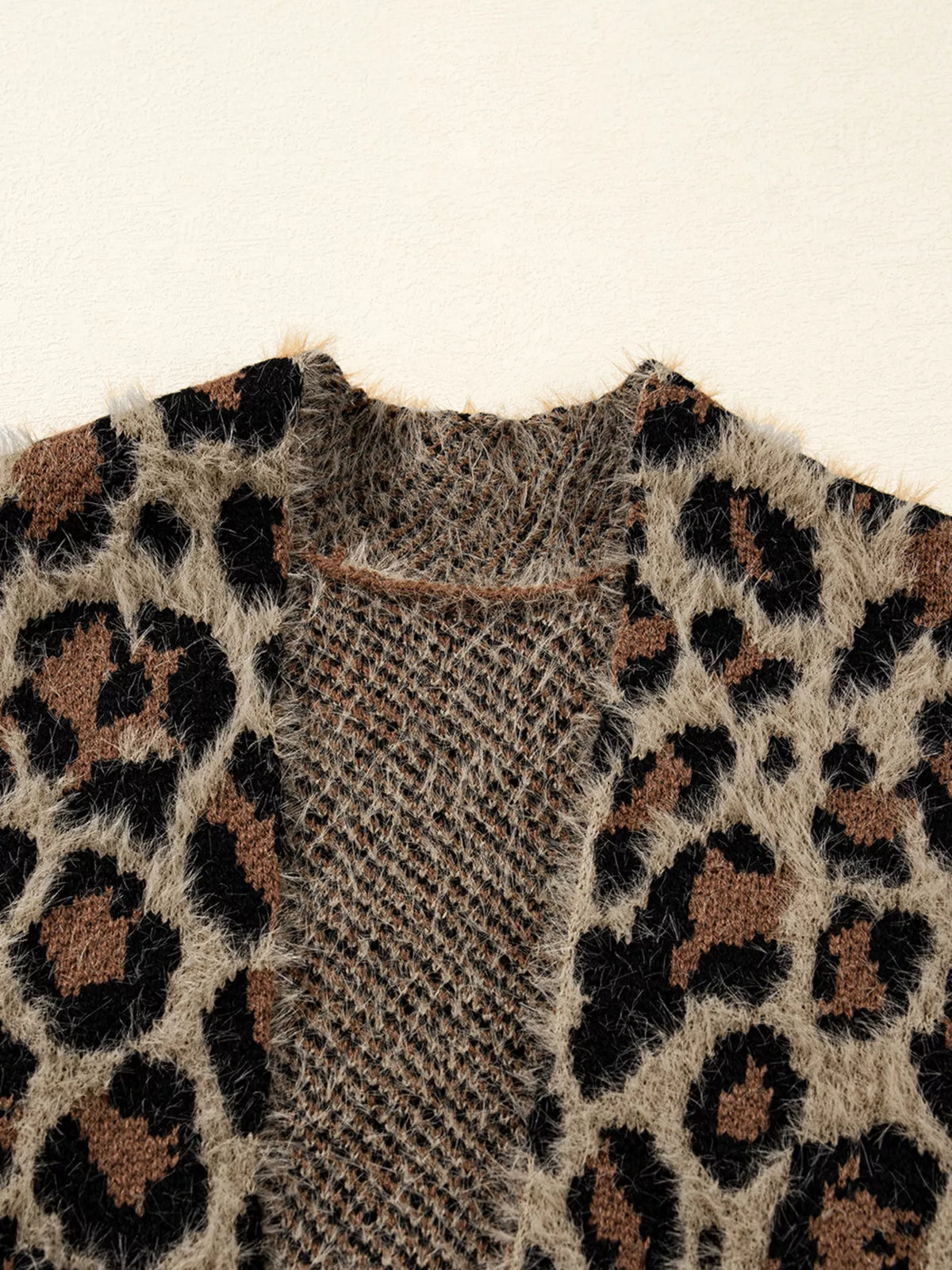 Leopard open front cardigan, sleeve detail