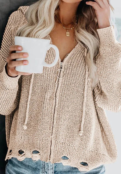 Distressed Zip Up Drawstring Hooded Cardigan - Fashorio