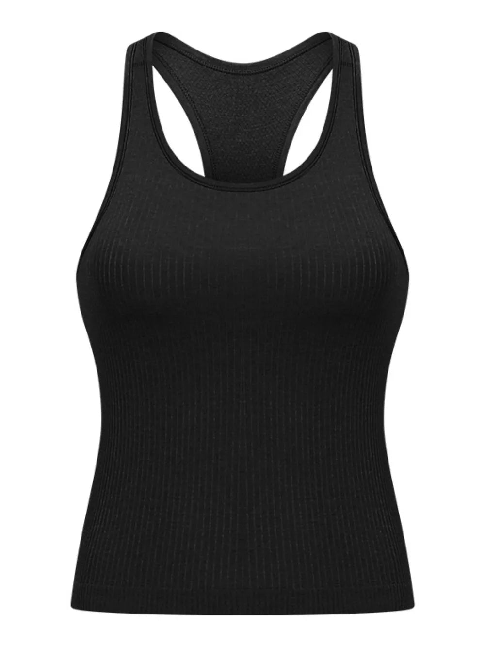 Round neck racerback padded active tank hem detail