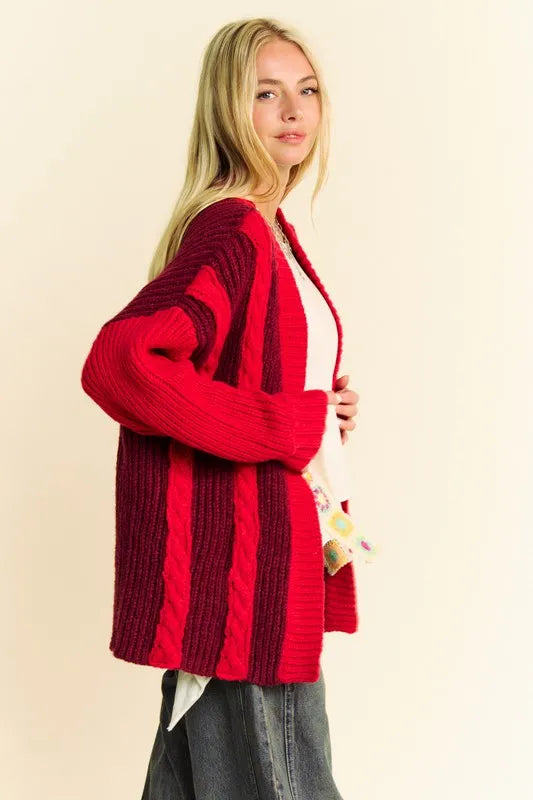 Davi & Dani Cable-Knit Color Block Open Front Cardigan - Fashorio