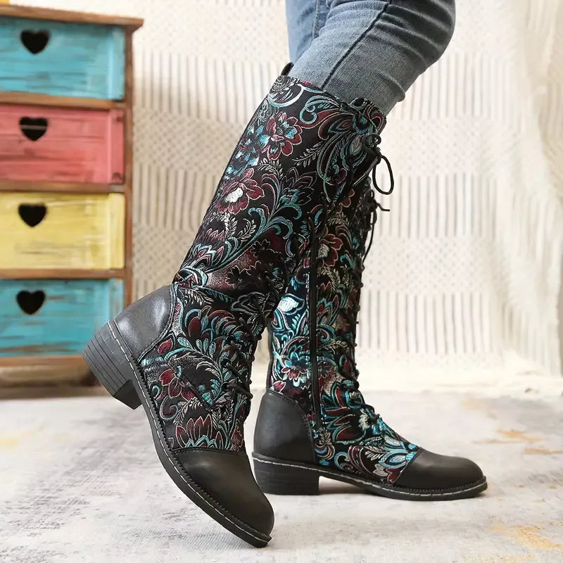 Embroidered knee high boots sole and tread