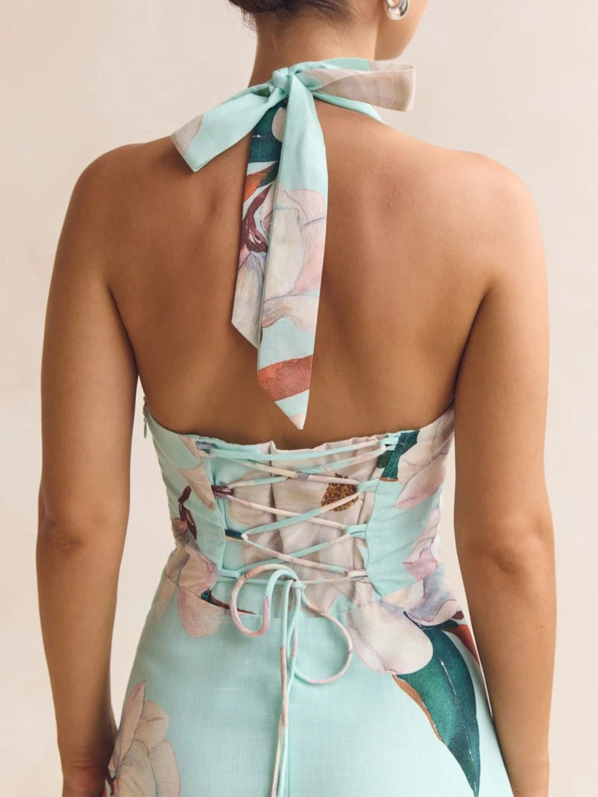 Floral halter neck maxi dress close up view