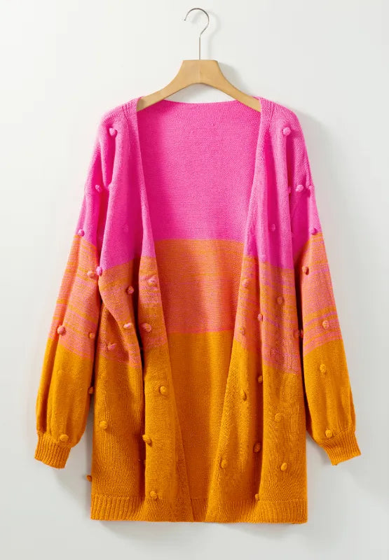 Pompom Color Block Open Front Cardigan - Fashorio