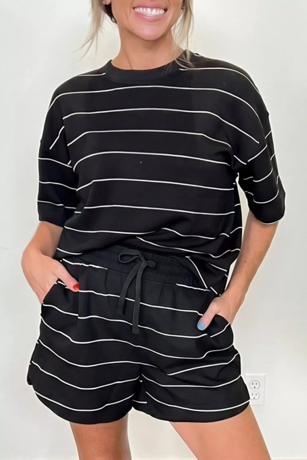 Black striped round neck top and drawstring shorts set front view