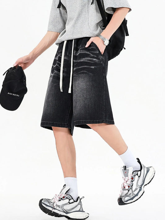 Men's Full Size Relaxed Fit Denim Shorts with Drawstring Waist Plus Size Black - Fashorio