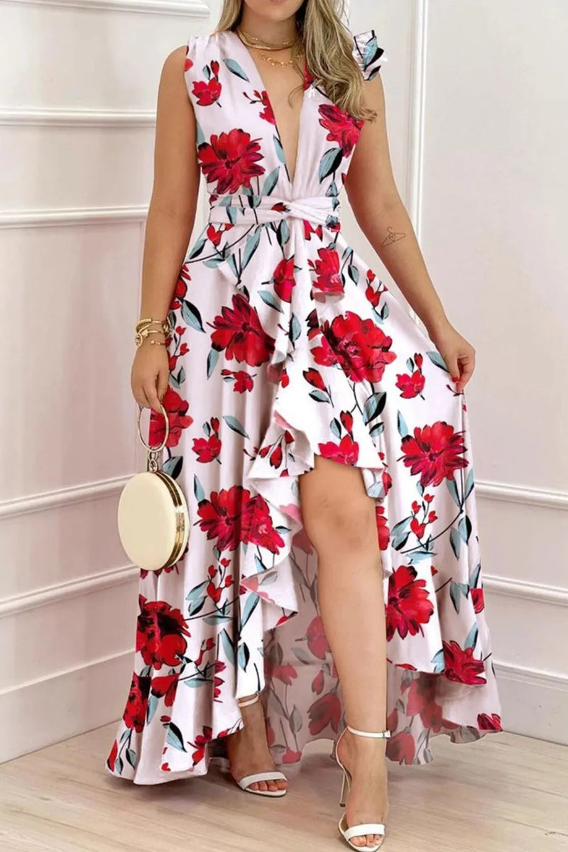 Ruffled plunge sleeveless maxi dress front view