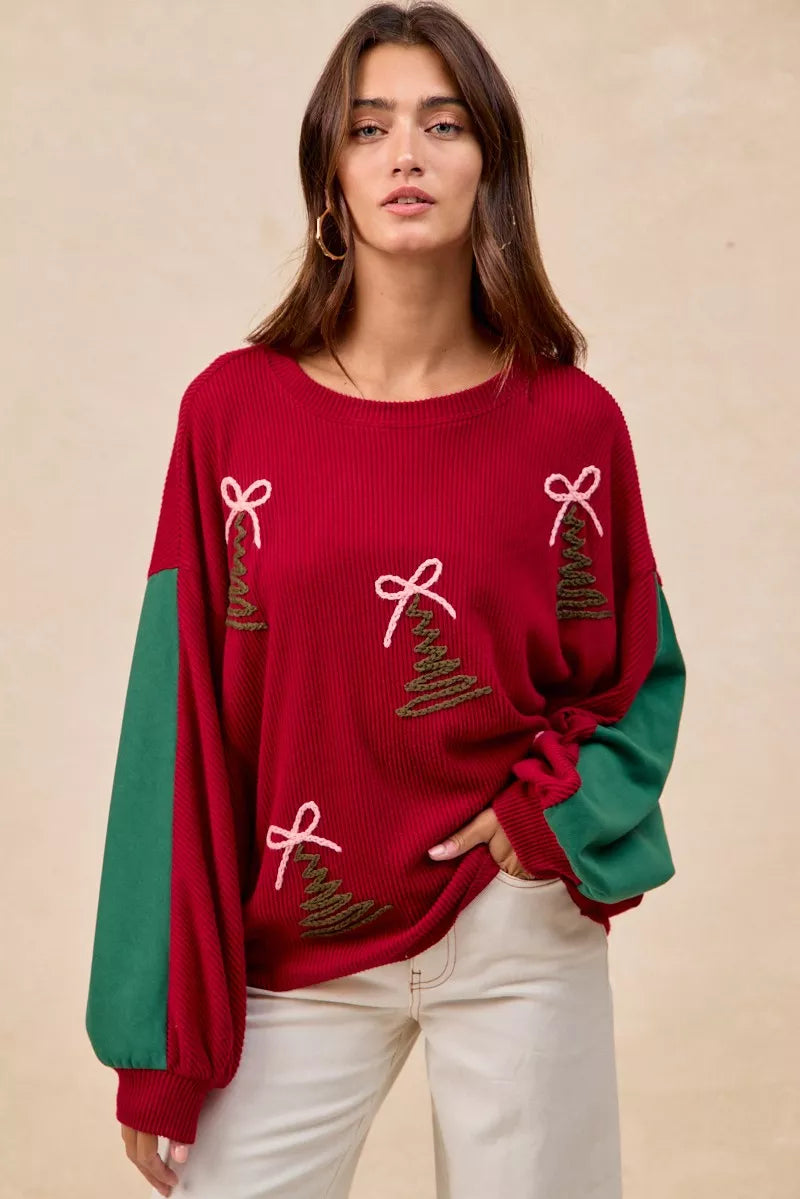 Embroidered Christmas Tree Sweater in Red side view
