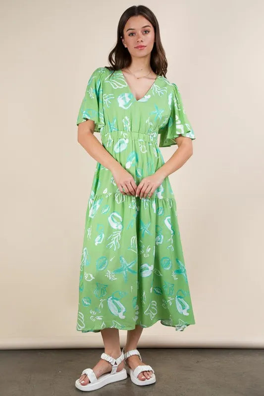Printed V Neck Resort Midi Dress