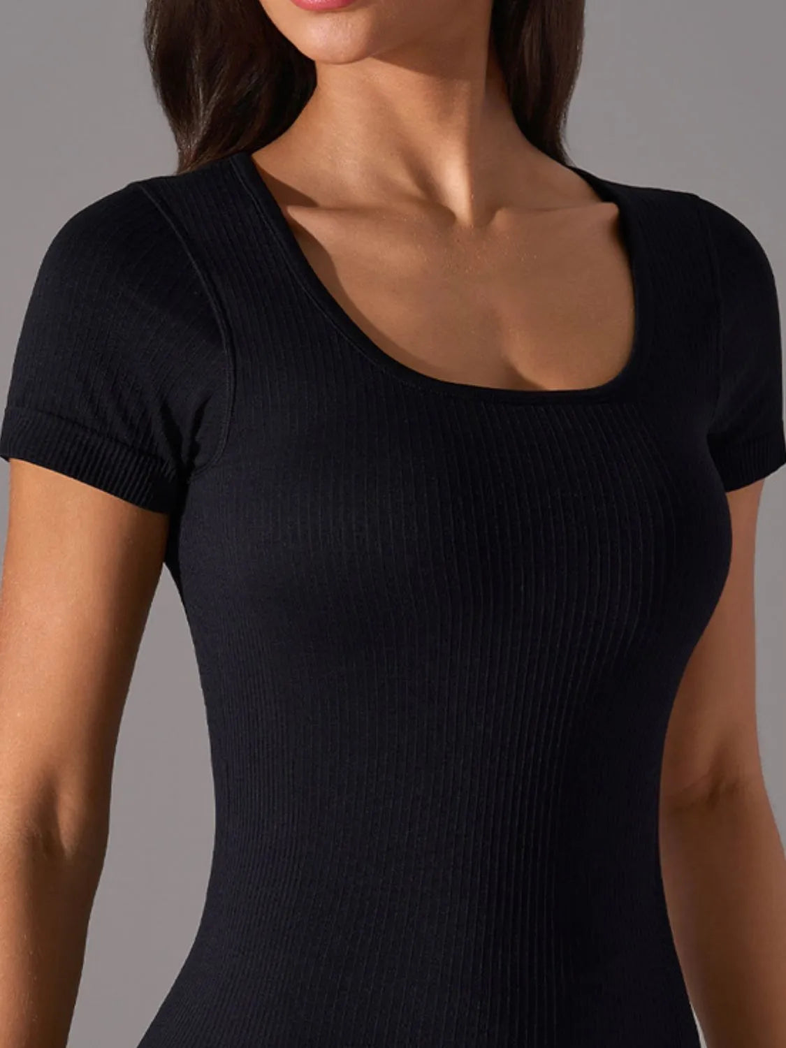 Square neck padded active t-shirt front detail