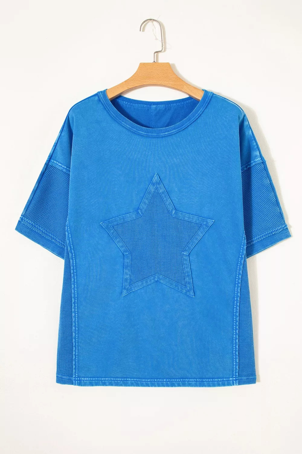Blue mineral wash star patchwork oversize tee side view