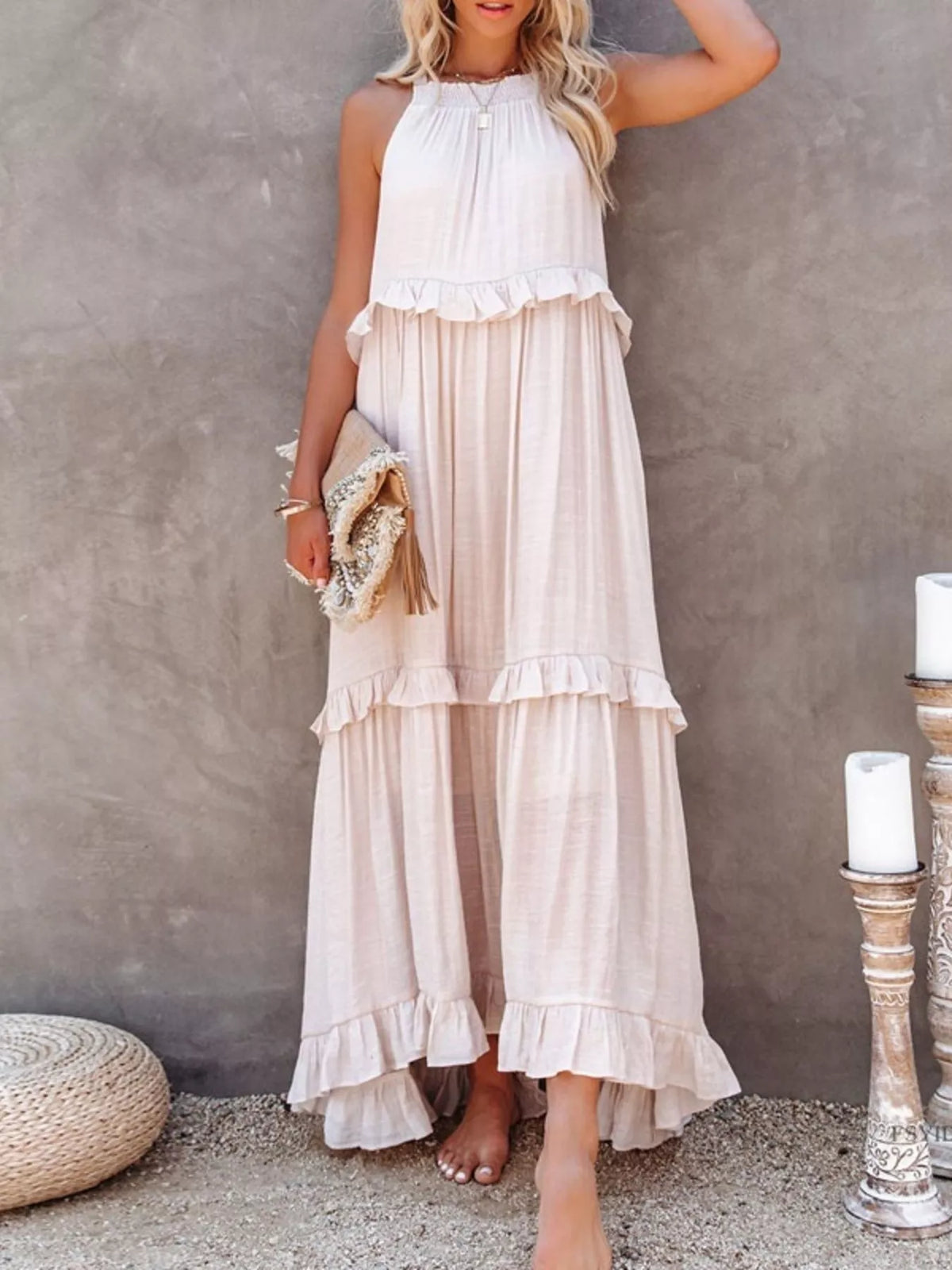 Ruffled tiered sleeveless maxi dress back view
