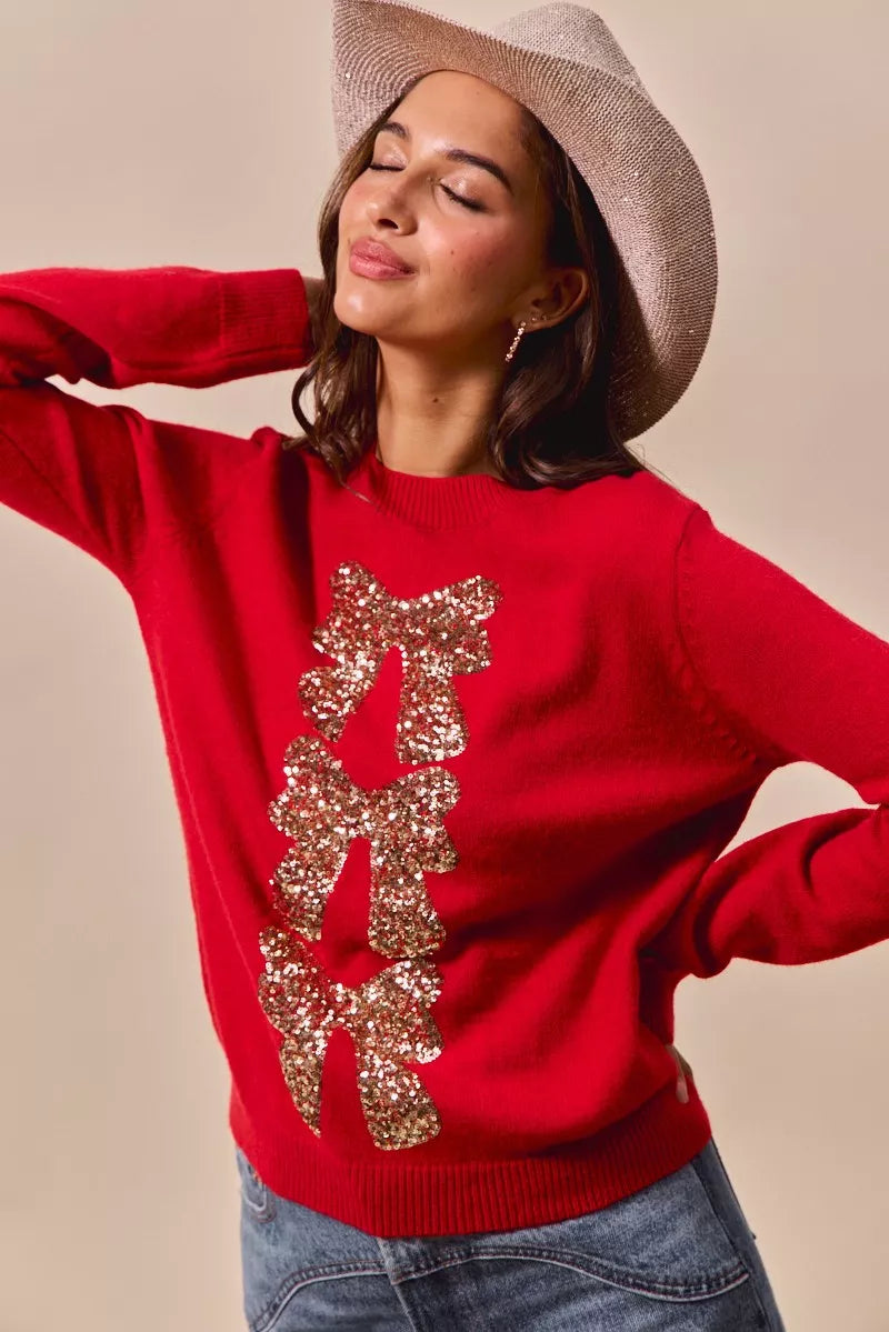 Sequin Bow Ribbon Christmas Sweater in Red and Gold close up