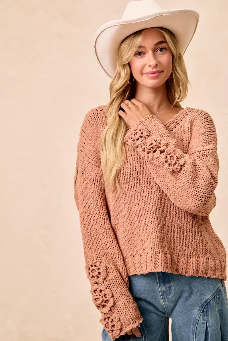 Chunky Knit Sweater with Floral Sleeves in Dusty Peach view 7