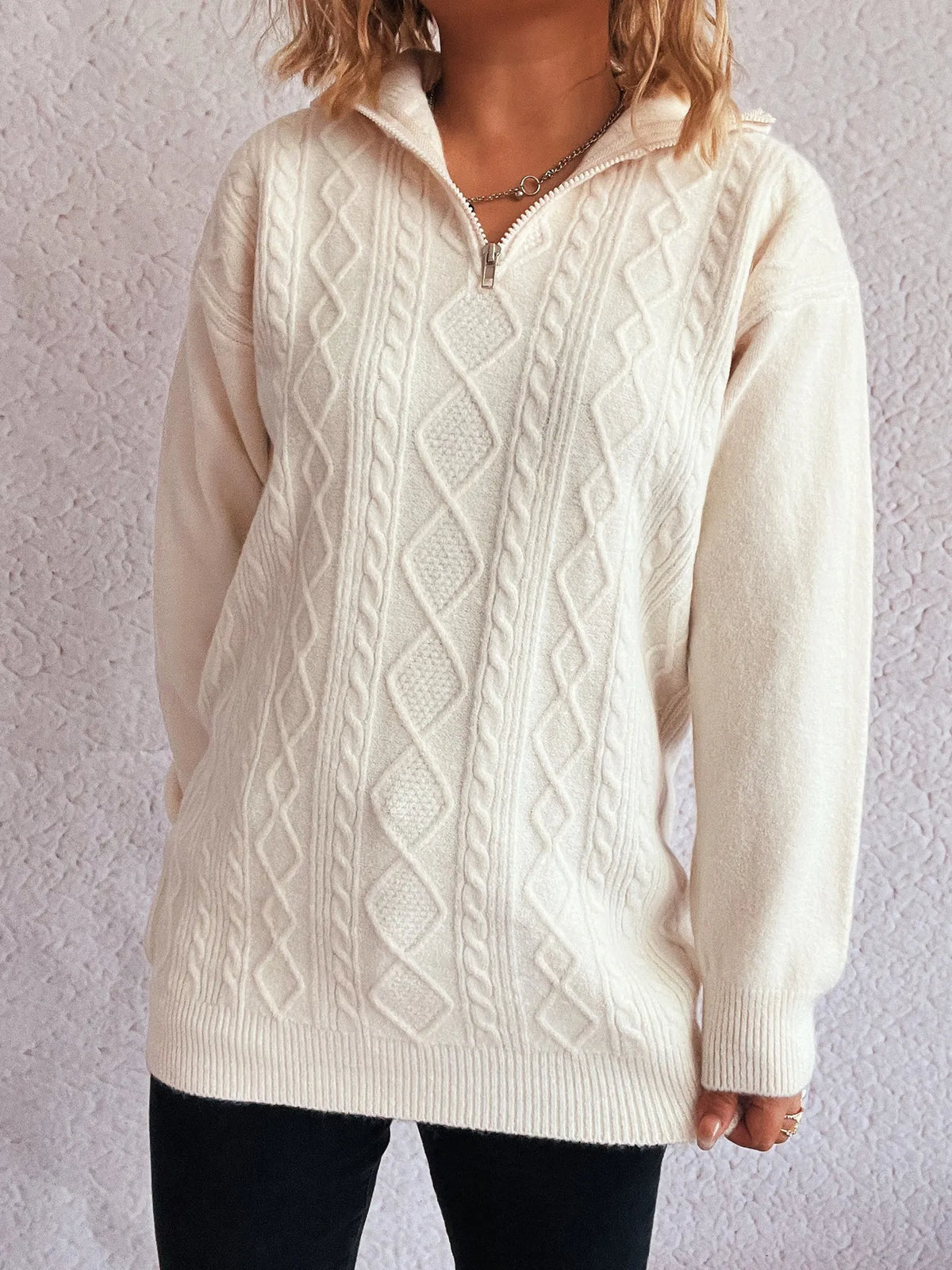 Texture zip collar long sleeve sweater, styled view