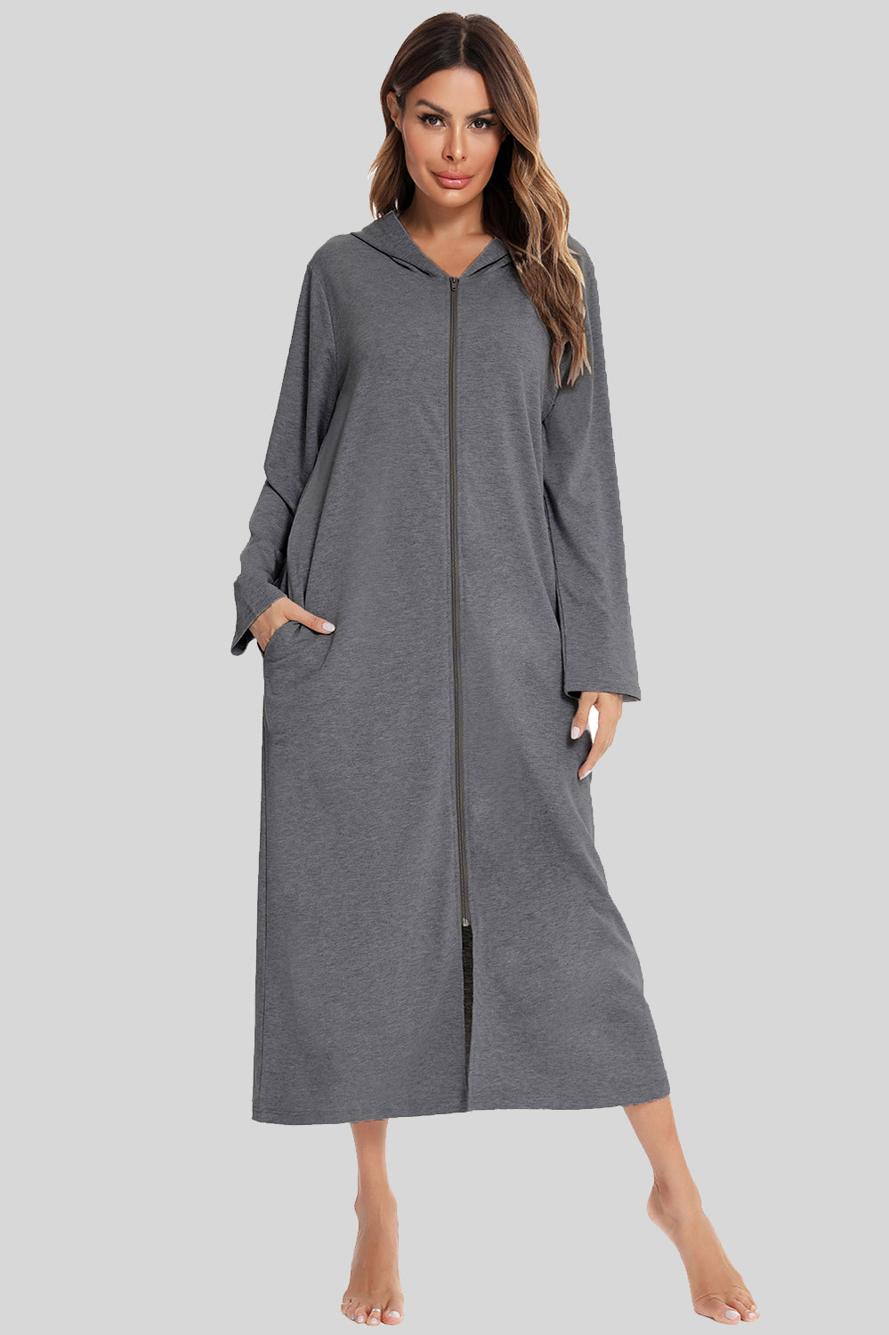 Zip Front Hooded Night Dress with Pockets Charcoal - Fashorio