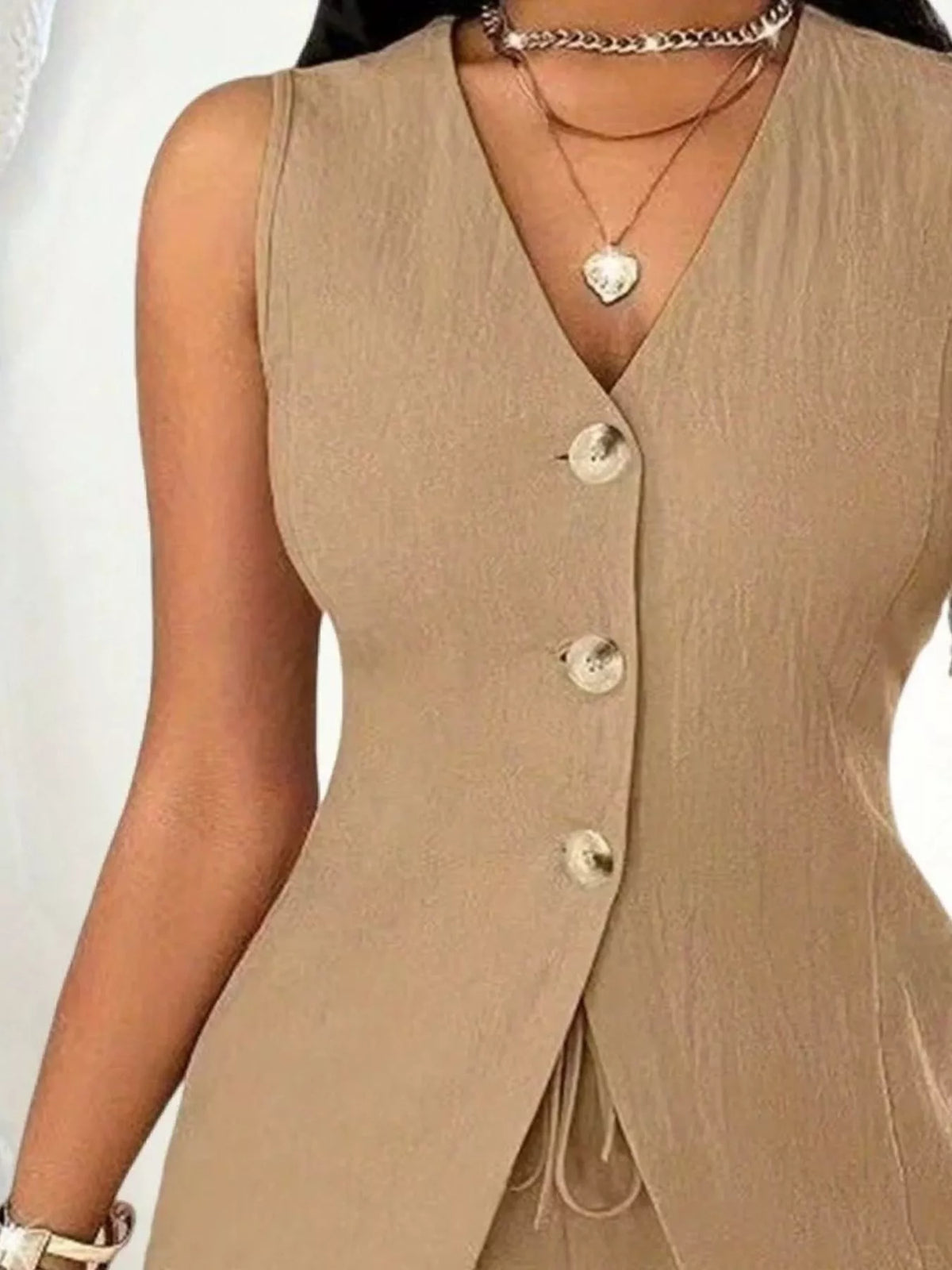 Sleeveless Button Down Vest and Shorts Set, view 23