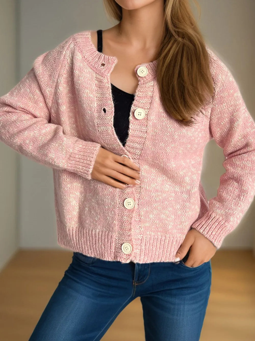 Heathered Button Down Long Sleeve Cardigan - Fashorio