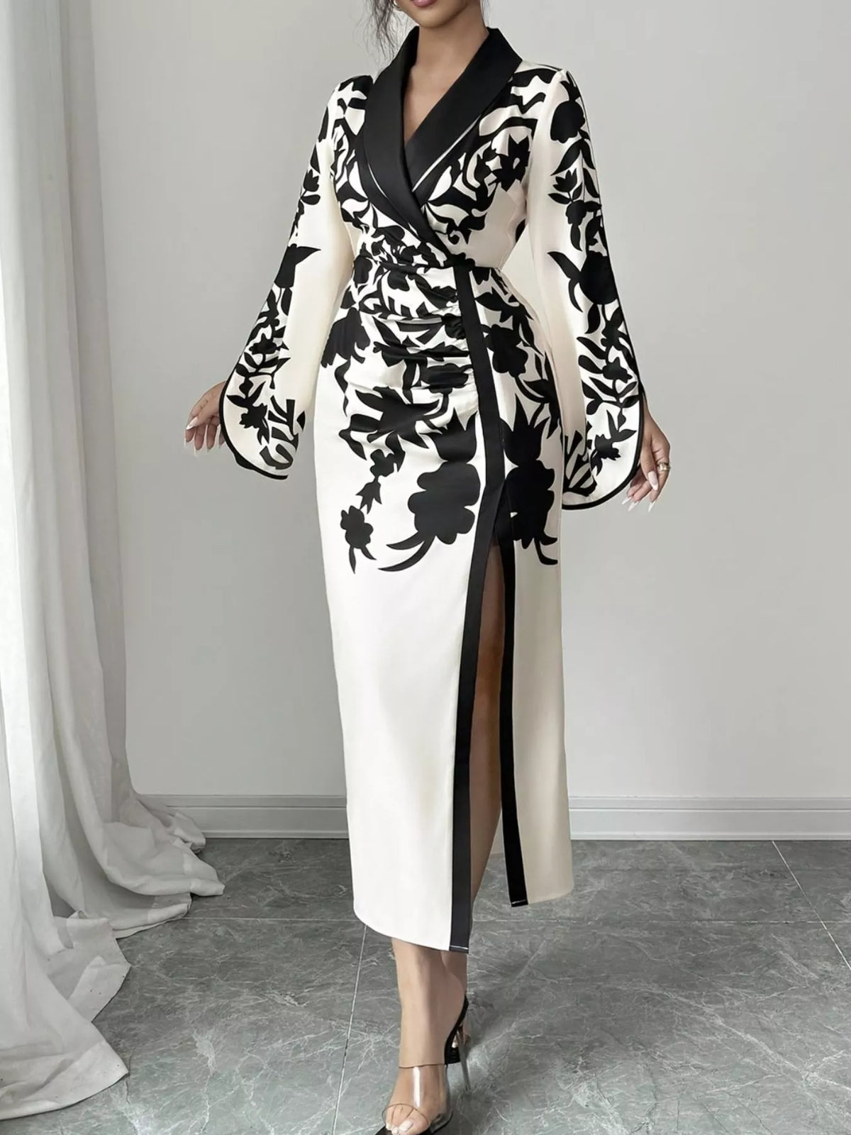 White and black wrap midi dress back view