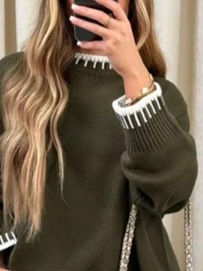 Contrast Trim Round Neck Top and Pants Sweater Set - Fashorio