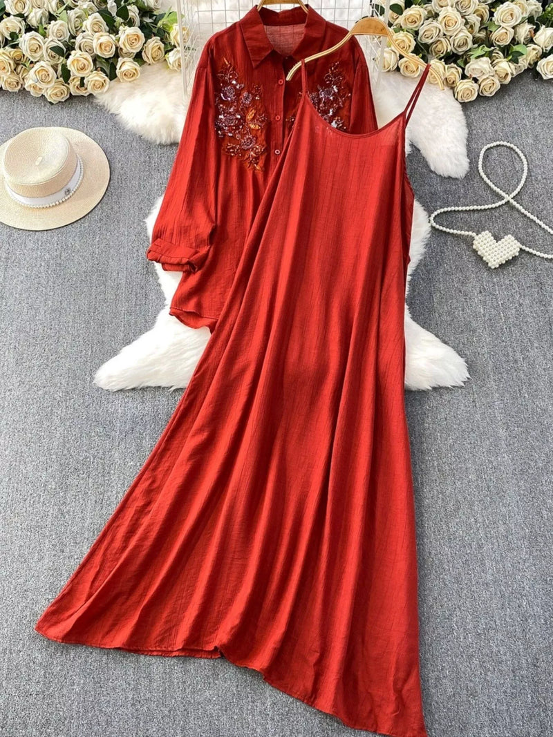 Sequin flower button up shirt and cami dress two piece set front view