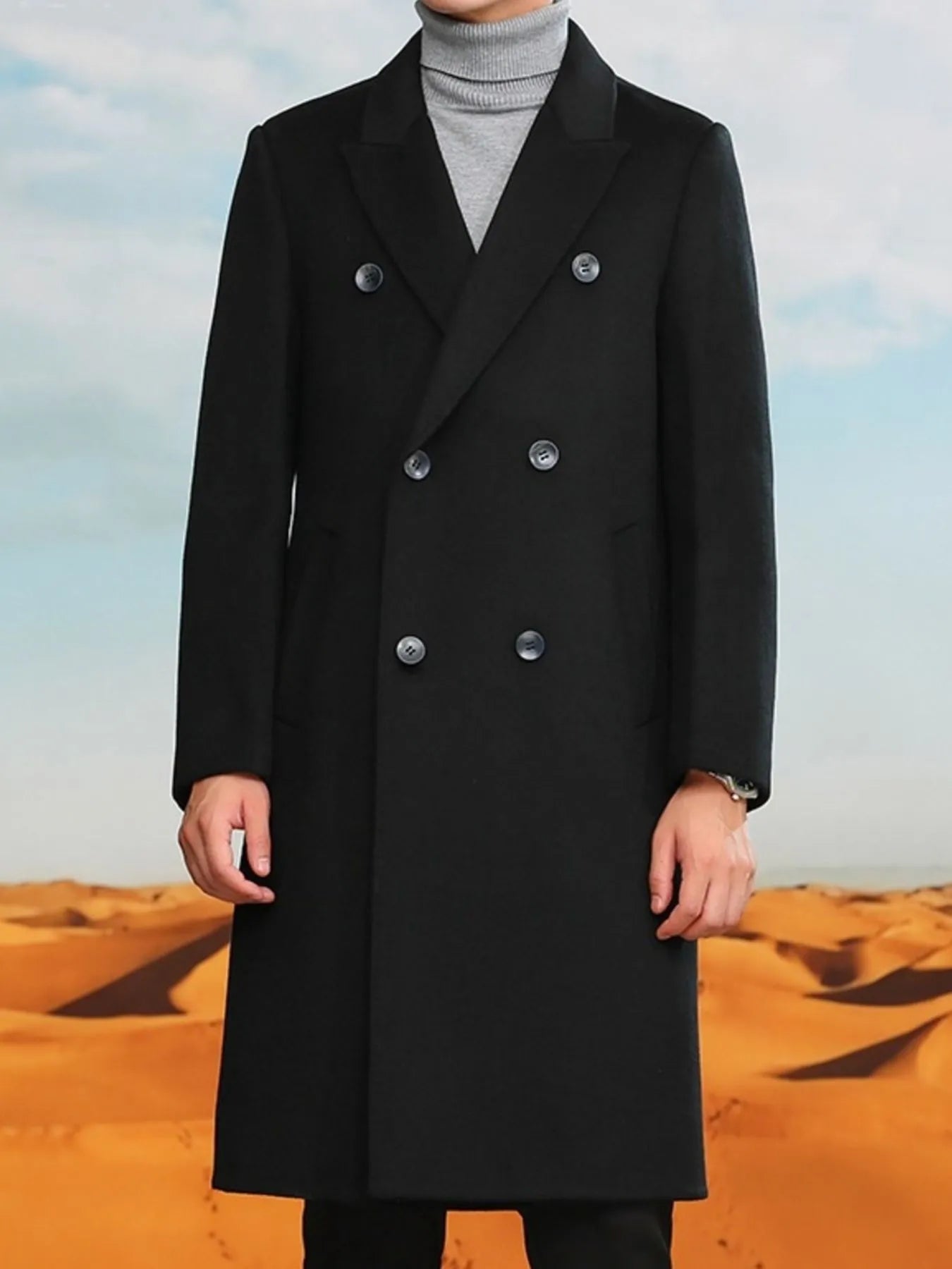 Men's Plus Size Double-Breasted Long Wool Coat - Fashorio