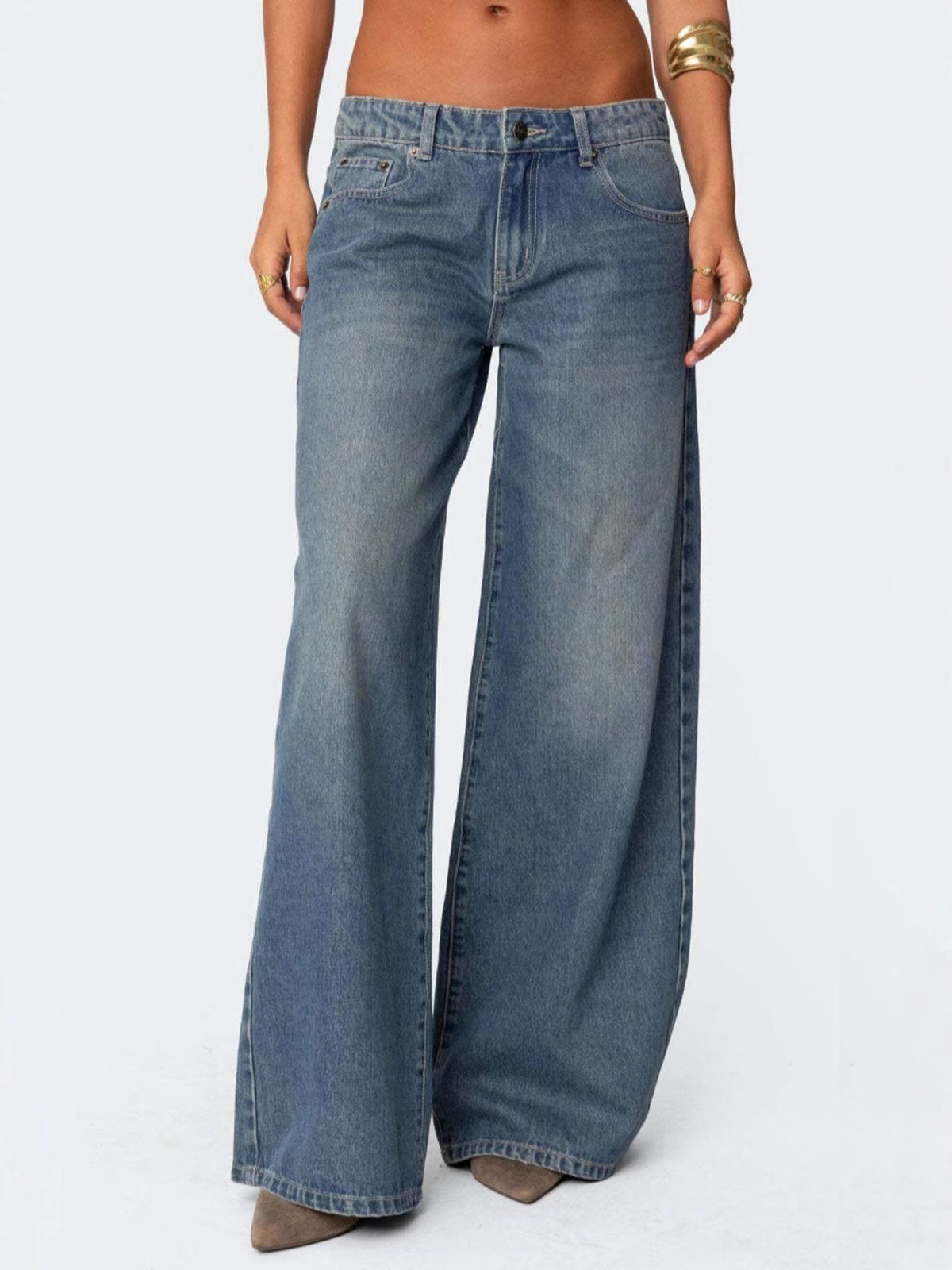 Vintage wash wide leg jeans front view